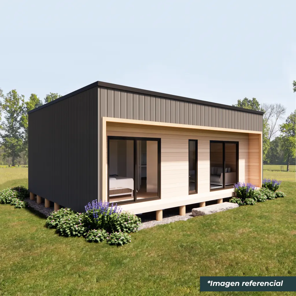 Modelo Compacto Papudo 50m2 Fachada exterior cabaña prefabricada SIP modelo Papudo 50m2 estilo mediterráneo compacto.