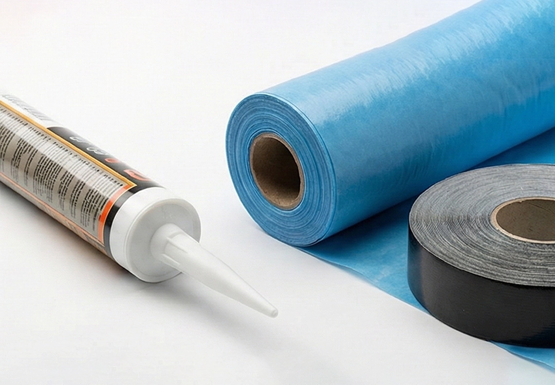 Kit de instalación panel SIP con membrana hidrófuga, cinta de sellado y adhesivo de poliuretano.