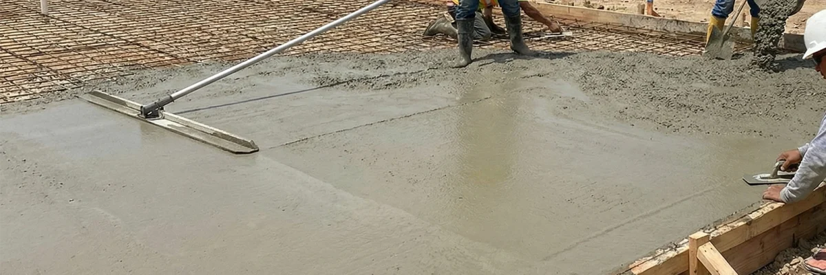 Camión hormigonera vertiendo cemento sobre malla de acero para losa de fundación en un sitio de construcción limpio y ordenado con trabajadores equipados.