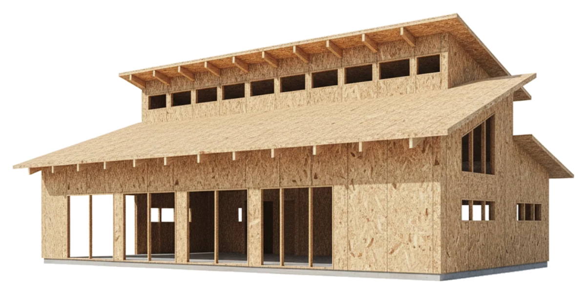 modelo de casa prefabricada con estructura de panel sip, obra gruesa a la vista.