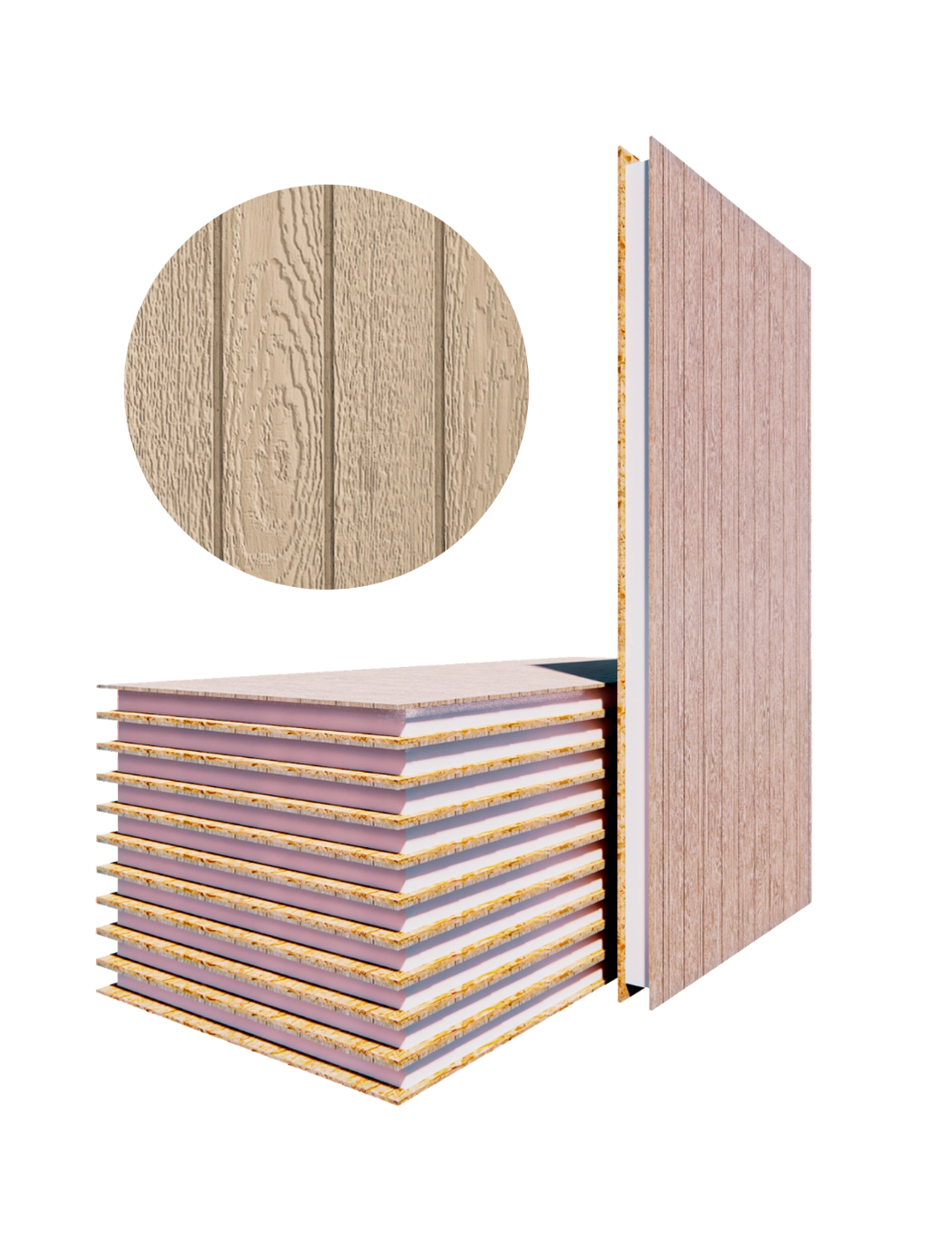 Muestra de revestimiento exterior Smart Panel; tableros horizontales y uno vertical mostrando las ranuras y la textura tipo cedro, con un círculo de detalle de la superficie imprimada.