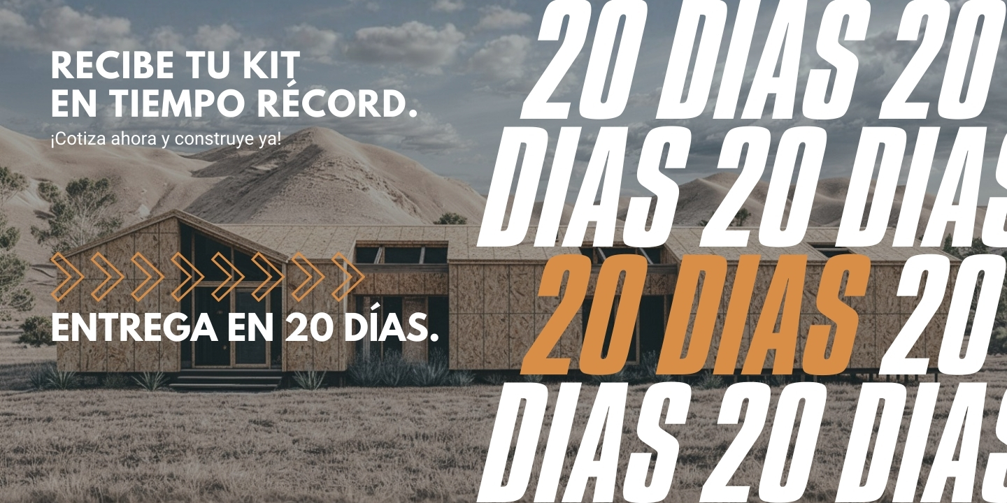 Banner publicitario de kit de casa prefabricada moderna de madera con texto grande "Entrega en 20 días" y "Recibe tu kit en tiempo récord".